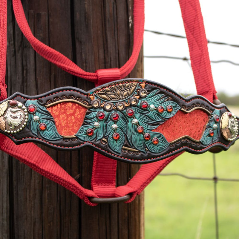 Kk Leathers Red Turquoise Dream Catcher Crystal Bronc Noseband Nylon Halter