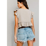Bucketlist Women's Taupe Gauze Cropped Peplum Blouse