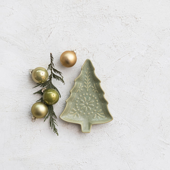 Creative Co-Op Green Stoneware Tree Shaped Platter
