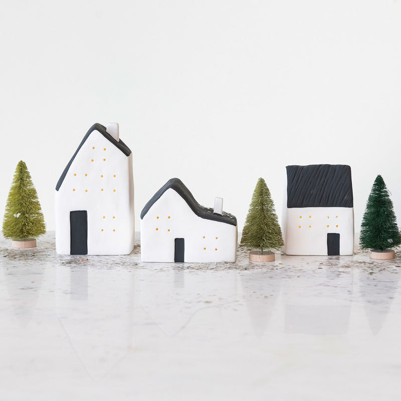 Creative Co-Op White/Black Stoneware LED House Set