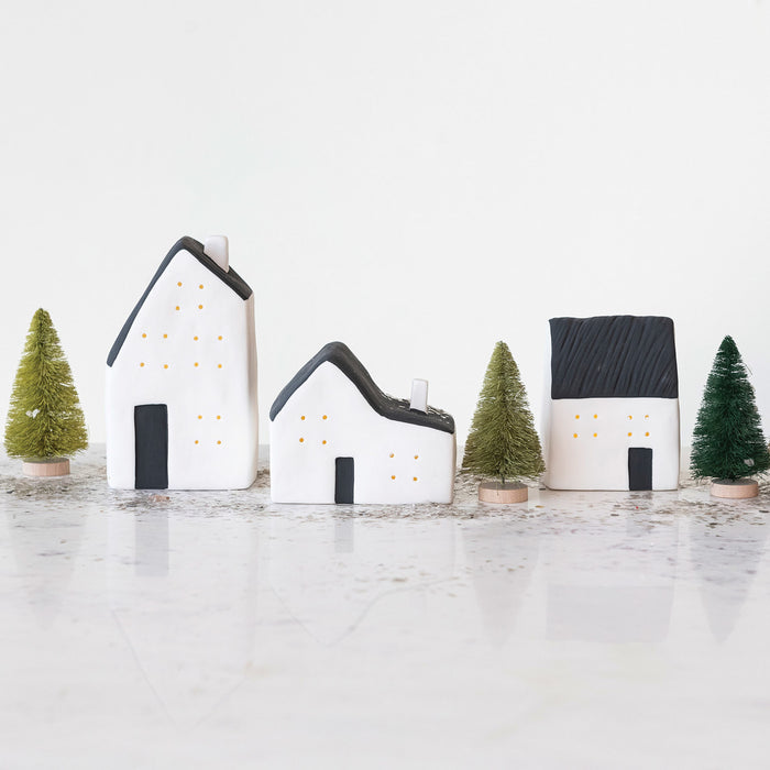 Creative Co-Op White/Black Stoneware LED House Set