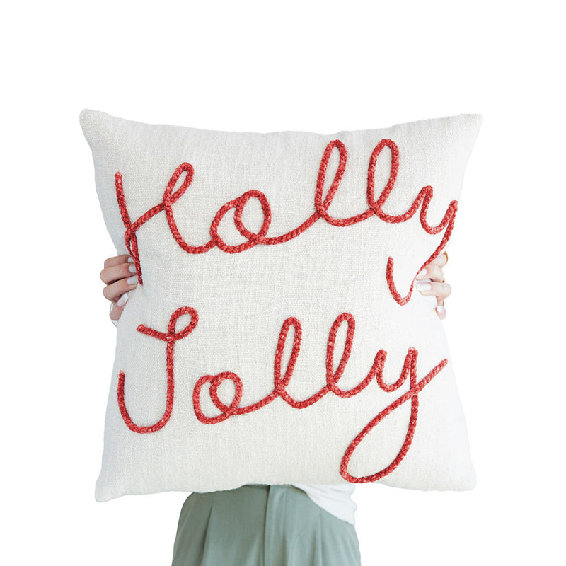 Creative Co-Op Holly Jolly Embroidered Pillow