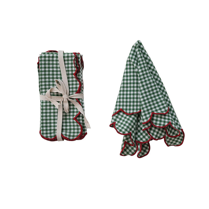 Creative Co-Op Green Gingham Scalloped Napkin Set