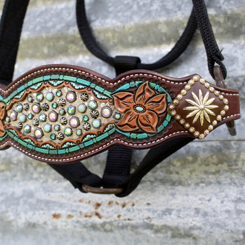 Kk Leathers Turquoise Zuni Crystal Bronc Noseband Nylon Halter