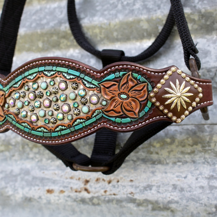 Kk Leathers Turquoise Zuni Crystal Bronc Noseband Nylon Halter