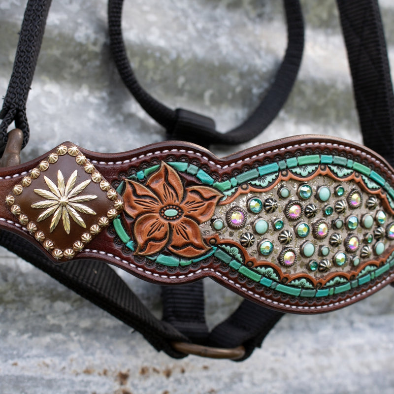 Kk Leathers Turquoise Zuni Crystal Bronc Noseband Nylon Halter