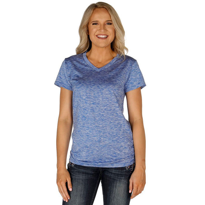 Womens Cowgirl Tuff Blue Lux Athletic Never Give Up V-Neck Tee