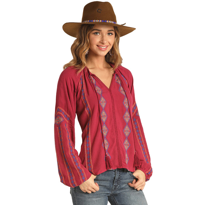 Rock and Roll Cowgirl Embroidered V-Neck Blouse