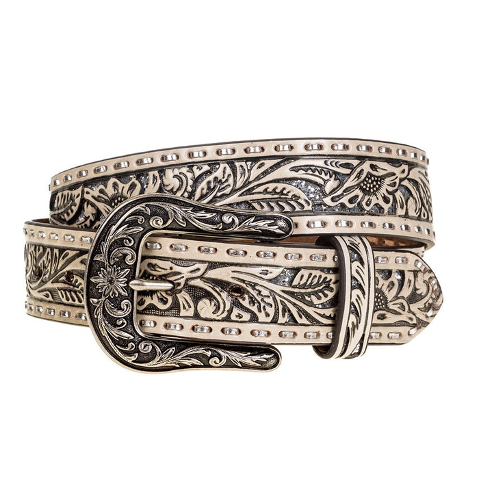 Women's Floral Tooled Belt with Silver Buckstitch and Underlay