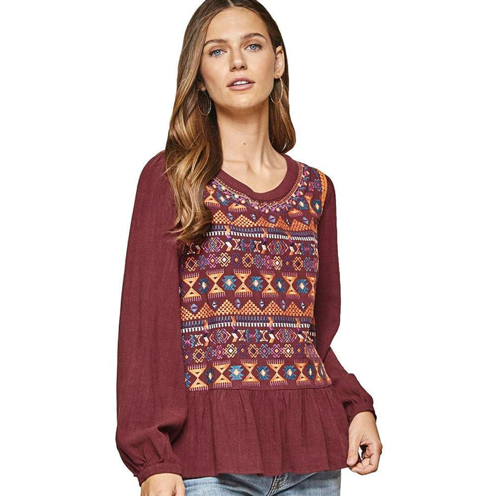 Women`s Burgundy Top with Embroidery