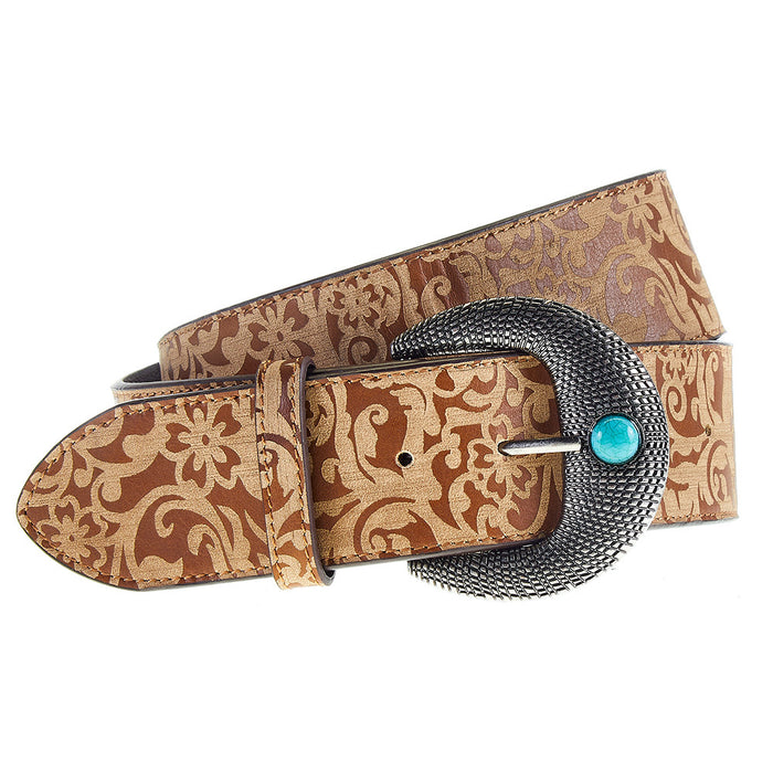 Women's Brown Laser Cut Belt with Turquoise Stone Buckle