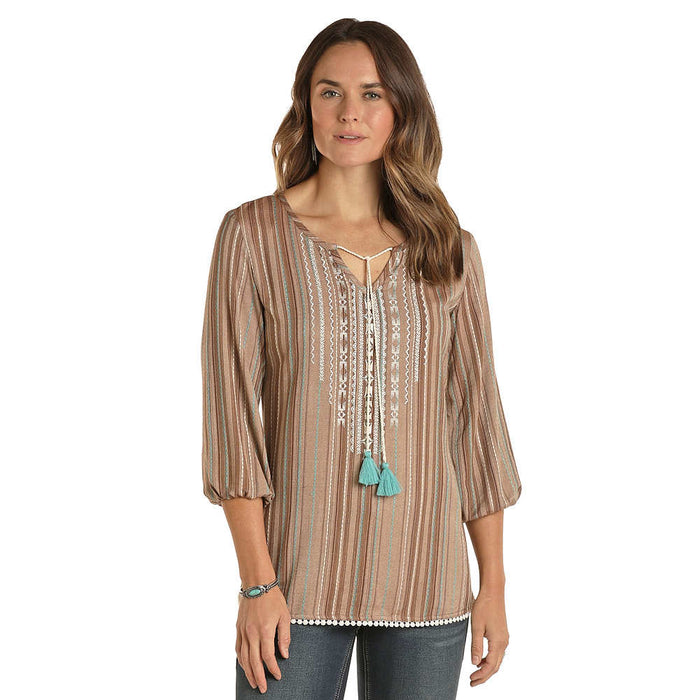 Striped Peasant Top w/Embroidery