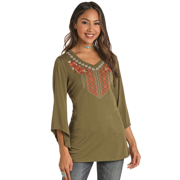 Women's Panhandle Army Green Embroidered Top