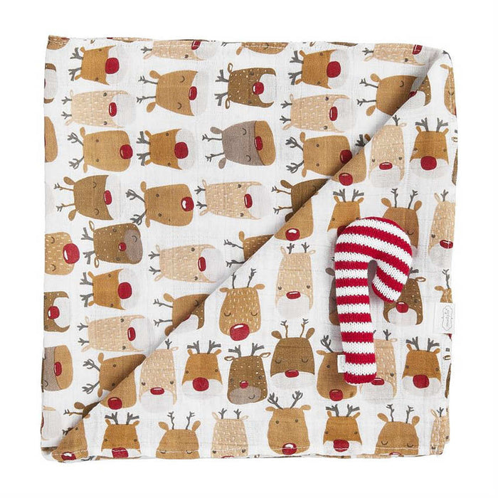 Mud Pie Christmas Reindeer Swaddle and Rattle Set