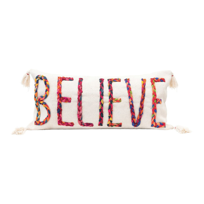 Believe Chindi Fabric Applique Accent Pillow