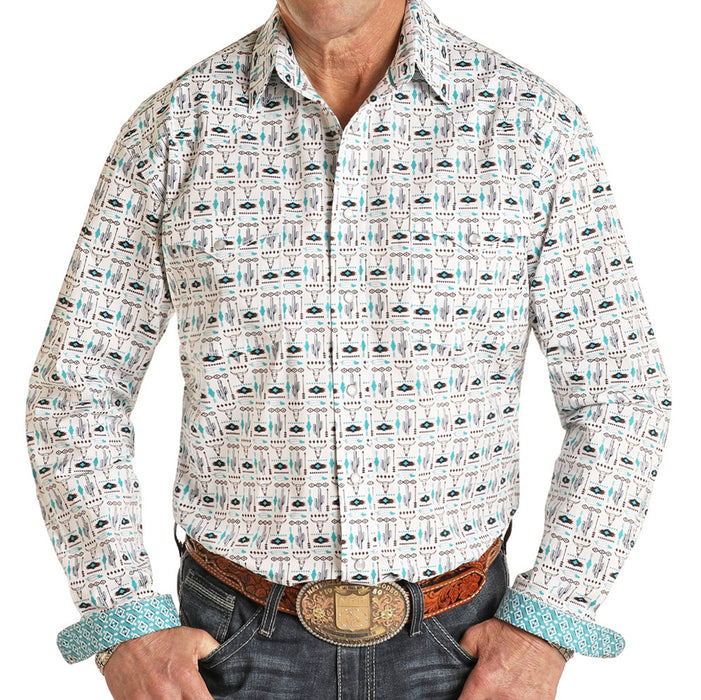 Panhandle Men's Roughstock White and Turquoise Printed Long Sleeve
