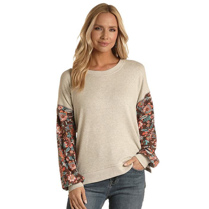 Women's Rock & Roll Cream Top With Floral Sleeves
