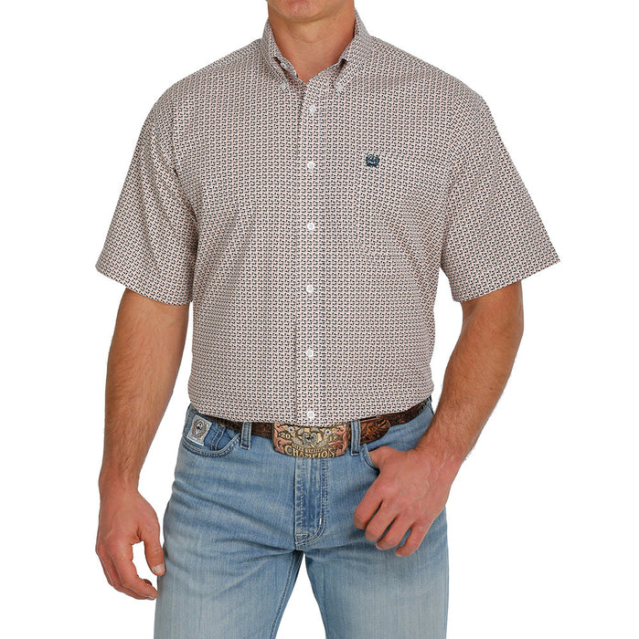 Men's Cinch Pink and White Printed Short Sleeve Button-down