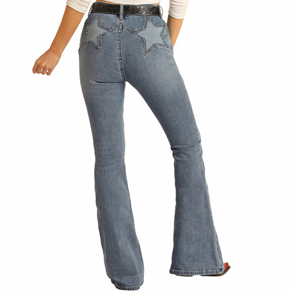 Product Name: Rock & Roll Denim Women's High Rise Star Back Flare Jeans