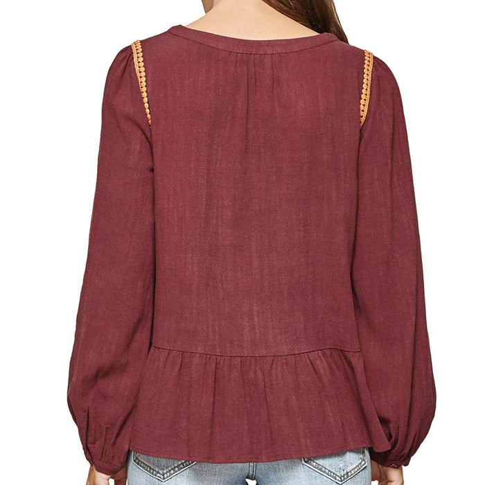 Andrée Women`s Burgundy Top with Embroidery