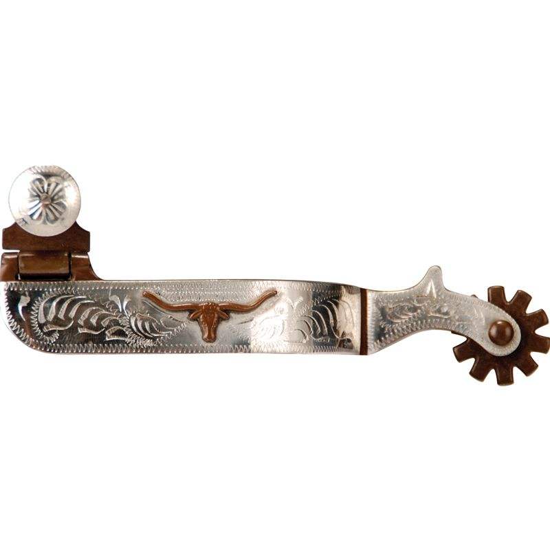 AJ Tack Men's Antique Brown Longhorn Spurs - Silver Inlay, 2" Shank, 10-Point Rowels