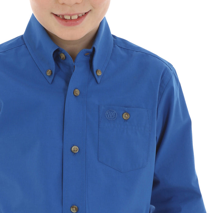 Boys Wrangler Solid Blue Long Sleeve Button Up Shirt
