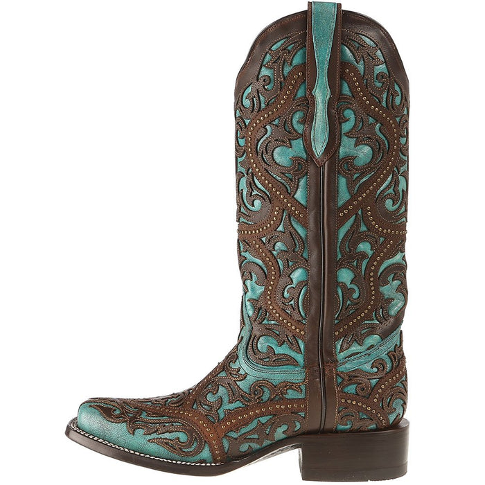 Women's Corral Turquoise Cowgirl Boots with Brown Laser Studs