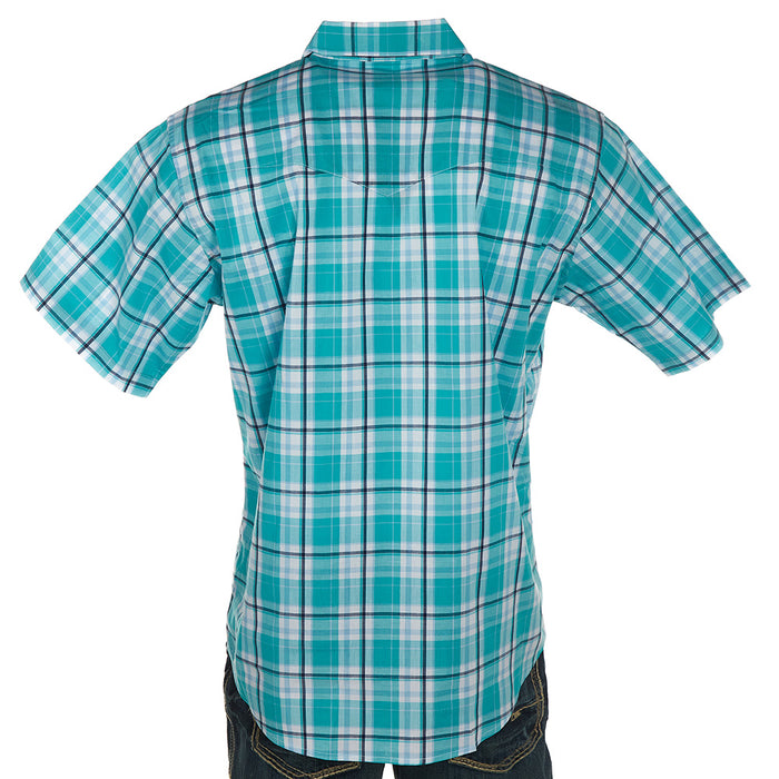 Men's Wrangler Wrinkle Resist Turquoise Plaid Short Sleeve Snap Shirt