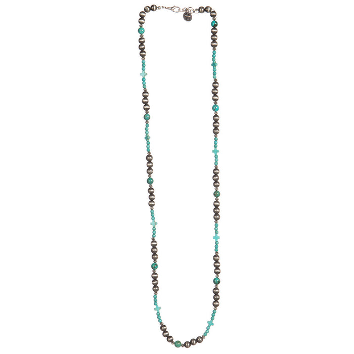 34in. Faux Navajo Pearl Necklace with Green Turquoise