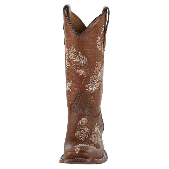 Kids Corral Tan and Pink Embroidered Feather Square Toe Cowgirl Boot