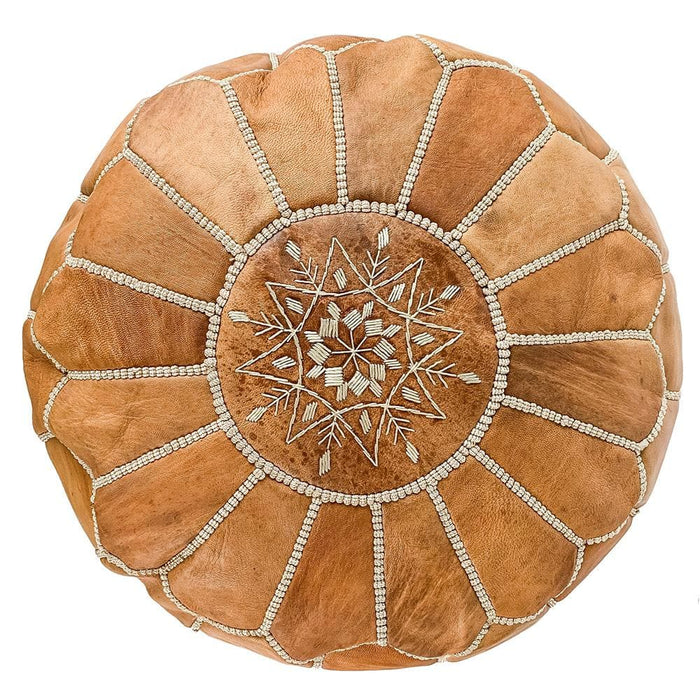 Round Moroccan Tan Leather Pouf
